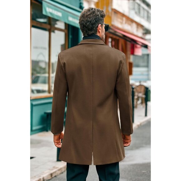 Mens Brown Mid Long Fit Winter Pea Coat Single Breasted Business Trench Coat - Picture 3 of 5